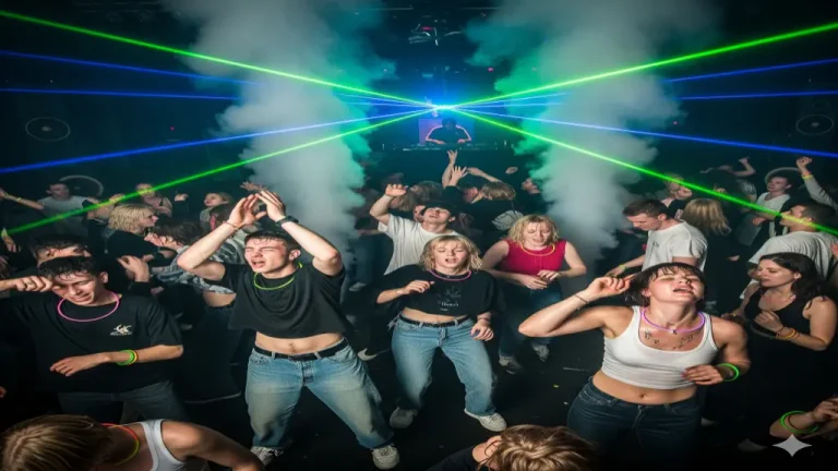 A nightclub full of people dancing to trance.