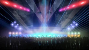 A club with people dancing to trance music.