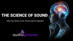 Woman with brain highlighted with text the science of music.