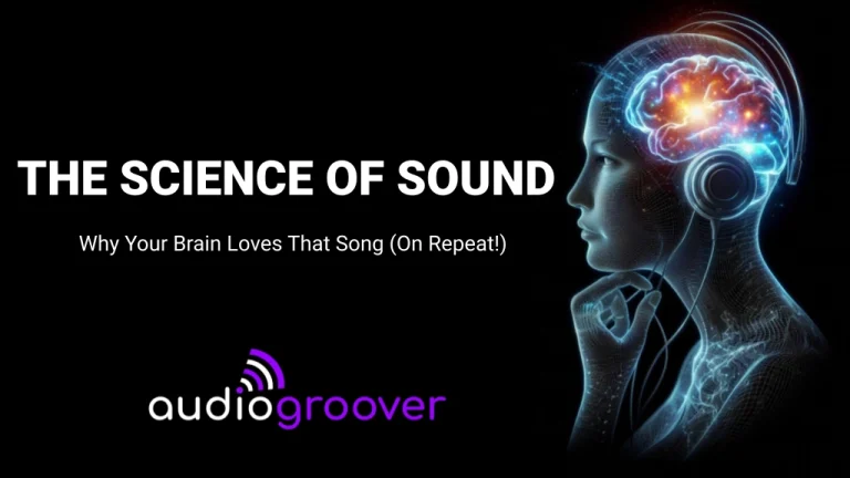 Woman with brain highlighted with text the science of music.