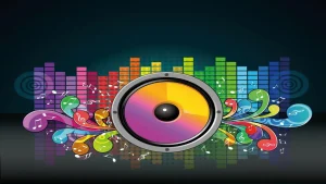 A speaker with music notes in different colours